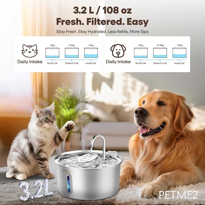 Luxury Smart Pet Fountain 2026 – 3.2L/108oz Stainless Steel Automatic Cat & Dog Water Fountain, Indoor Pet Water Dispenser with LED Light, Quiet Pump, Dual Flow Modes, 4-Layer Filter, Dishwasher Safe