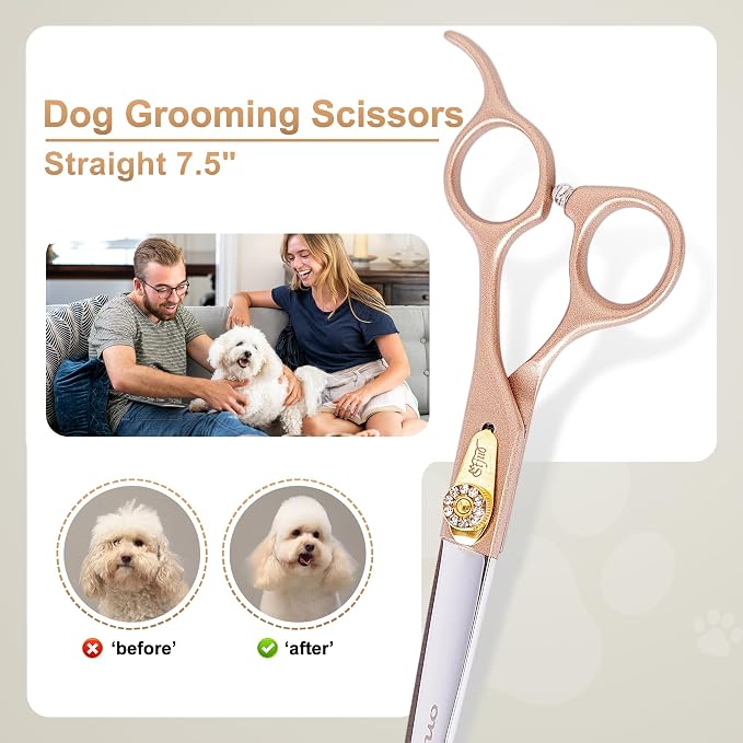 Professional Dog Grooming Scissors Rose Gold 440C Stainless Steel Straight Thinning Curved Chunker Shears for Pet Grooming Services Dogs and Cats (Straight, 7.5‘’)