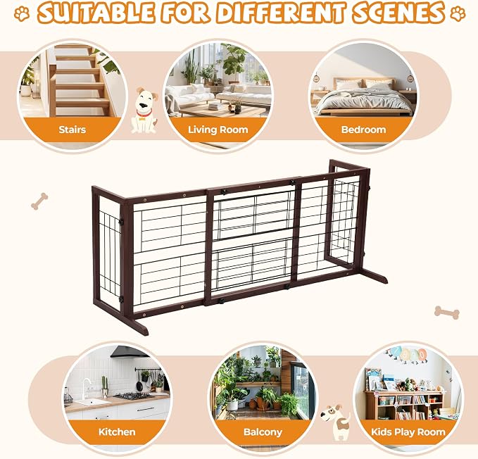 COZIWOW 38-67" Dog Gate Indoor, Free Standing Pet Gate for Doorways Extra Wide, Wooden Fence Puppy Safety Gates for The House, Stairs, Hallway, No Drilling Required,Brown