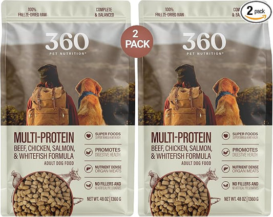 360 Pet Nutrition Freeze-Dried Raw Dog Food – Multi-Protein with Beef, Chicken, Fish & Organs, High Protein, Omega-3s, Fruits, Veggies & Superfoods, Grain-Free, No Filler 2 x 48 oz Made in USA