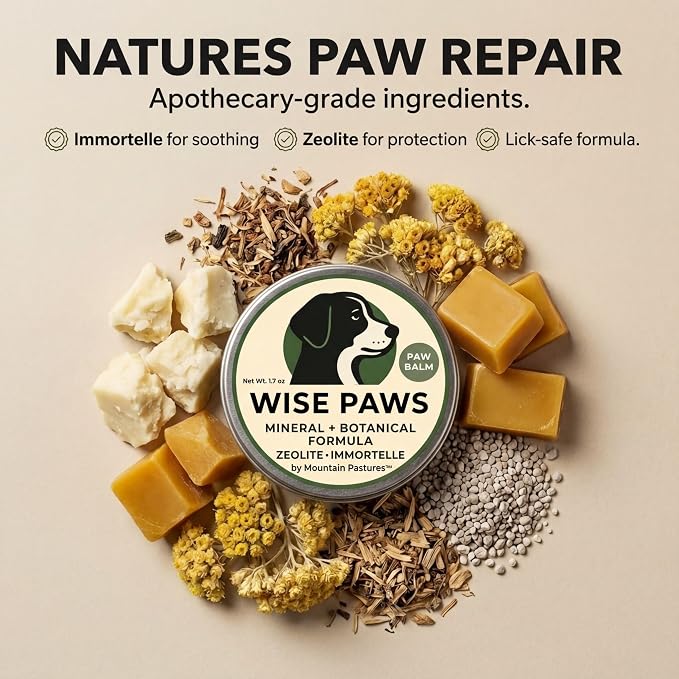 Advanced Formula Dog Paw Balm for Hot Pavement, Grass & Rough Terrain – Zeolite Powder Pawtection for Burnt, Irritated, Dry Cracked Paws – Natural Paw Care with Immortelle – Wooden Applicator – 1.7 oz