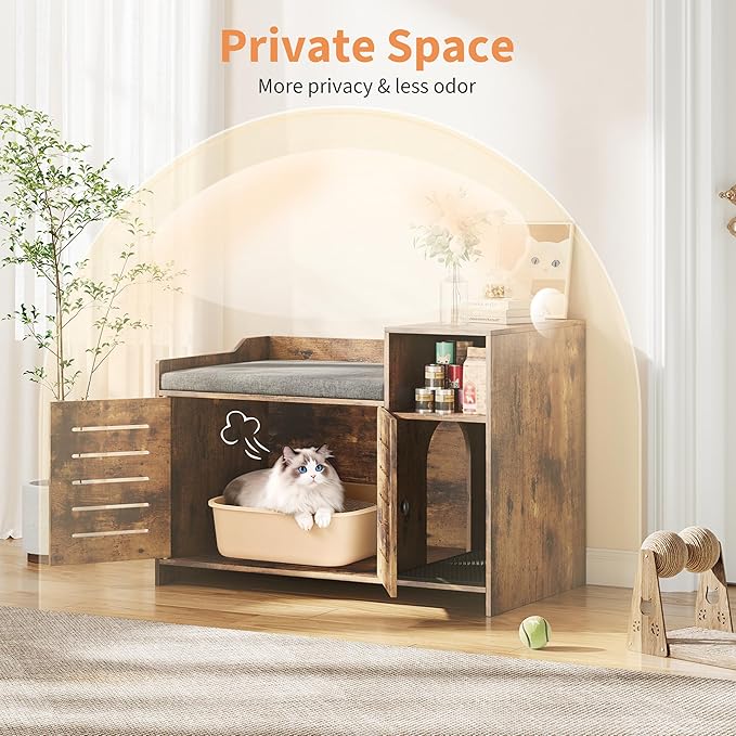 Cat Litter Box Enclosure, Hidden Litter Box Cabinet Furniture with Scratch Pad, Farmhouse Indoor Cats House with Storage Layer for Hallway, Bedroom