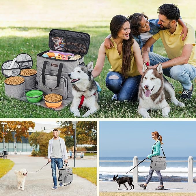 Modoker Dog Travel Organizer with 2 Collapsible Bowls for Supplies & Accessories, Airline Approved Dog Tote Pet Travel Bag with 2 Travel Food Container