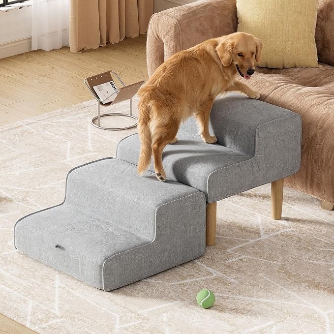 PakaLife Foldable 2-in-1 Dog Ramp Ottoman, Solid Wood Dog Steps for Bed & Couch, Washable Cover, 135lb Capacity, for Small, Senior Dogs & Old Cats to Get on Bed(Only for Small Dogs)
