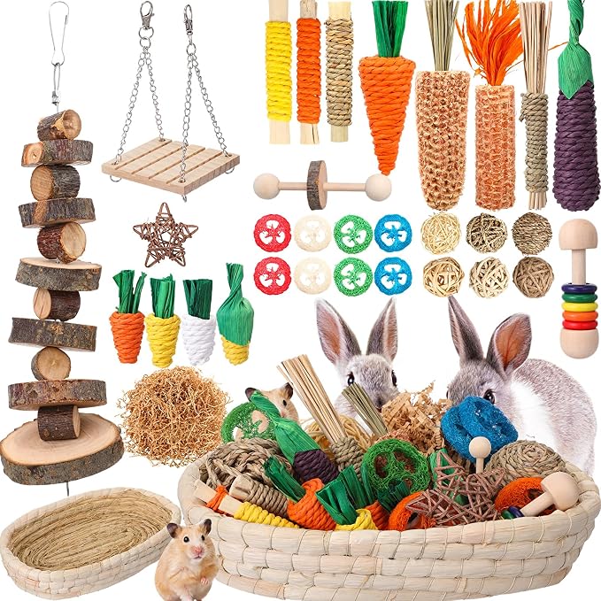 Novabright 33 PCS Rabbit Chew Treat Toys Set Natural Bunny Enrichment Toys for Teeth Health Indoor Outdoor for Rabbit Guinea Pig Chinchilla Hamster (Cute)