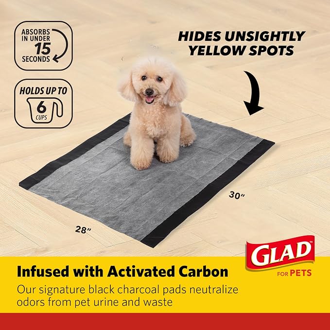 Glad for Pets Extra Large Charcoal Training Pads for Dogs and Puppies, Activated Carbon Odor Control, 6-Layer Absorbent Leak-Proof Pee Pads with Pheromone Attractant, 28 x 30 in, 30 Count - 2 Pack