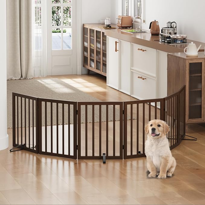Dog Gates for Doorways, Freestanding Foldable Dog Gate Indoor, Pet Gates for Doorways Bedroom, Puppy Gate with Metal Support Feet, 6 Panels (Rustic tan)