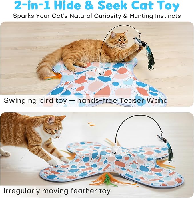 Interactive Cat Toys with Bird, Hide and Seek Cat Toy, 2 in 1 Automatic Moving Concealed Feathers for Indoor Cats, Non-Slip Suction, Touch Activated, USB Rechargeable, Blue
