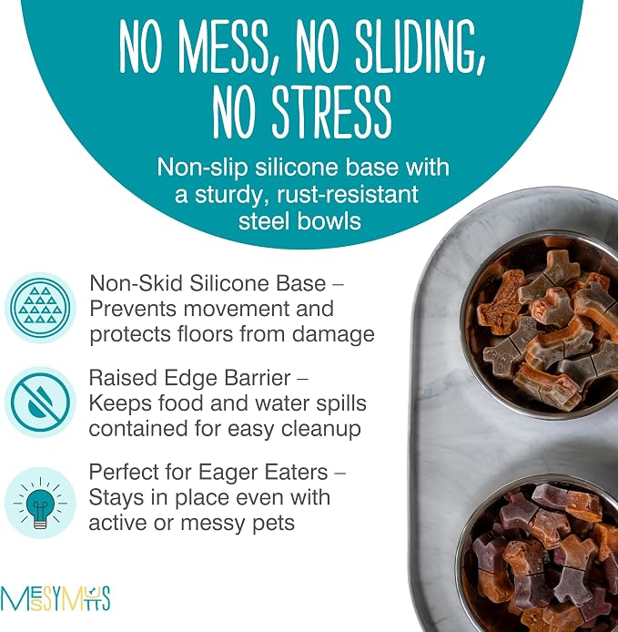 Messy Mutts Double Silicone Feeder with Stainless Bowls | Non-Skid Food Dishes for Dogs for All Pets | Dog Food Bowls | Medium, 1.5 Cups Per Bowl | Marble