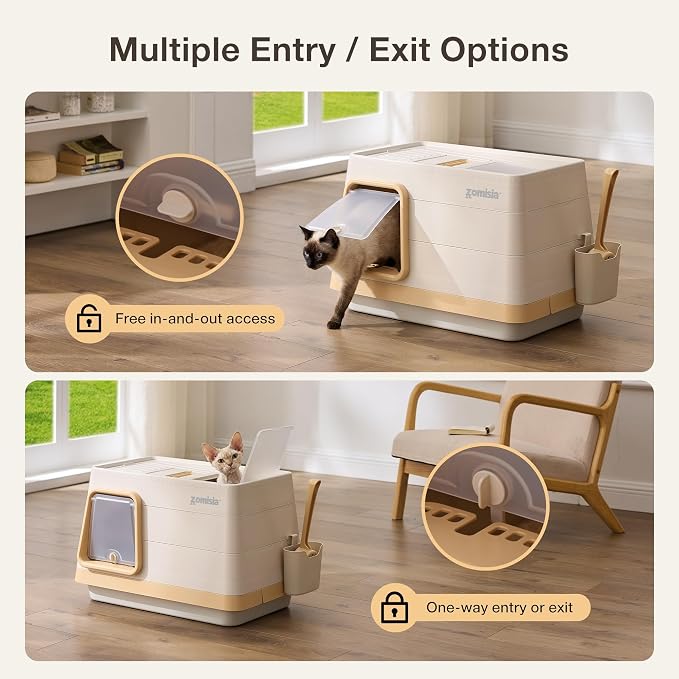 ZOMISIA Stainless Steel Cat Litter Box, Extra Large Covered Litter Box with Lid, Scoop, Odor Control Filter, XL Side/Top Entry Enclosed Cat Boxes for Big Kitty, Khaki