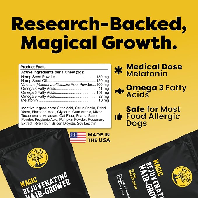 Doc Itchy Rejuvenating Hair-Grower Dog Pet Chews | 10mg Melatonin for Dogs | Hair Growth Booster | Senior Dog Energizer | Calming | Medical-Strength | Food Allergy Safe | Made in USA | 90 Count