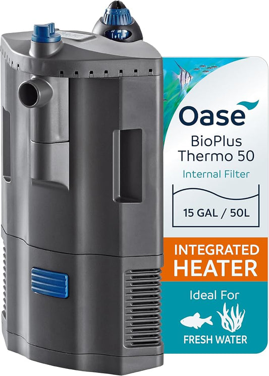 Oase BioPlus Thermo 50 Compact Internal Filter for Clean & Clear Aquarium Water – Easy Maintenance, Discreet Corner Mount, Integrated Heater, for Freshwater Tanks up to 15 Gallons