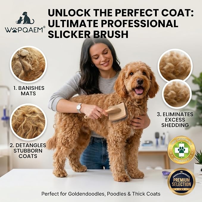 WPQAEM Dog Slicker Brush for Large Dogs, 4PCS Grooming Kit for Thick, Curly & Double Coats (Poodles, Goldendoodle, German Shepherd), Wood Handle - Naturally