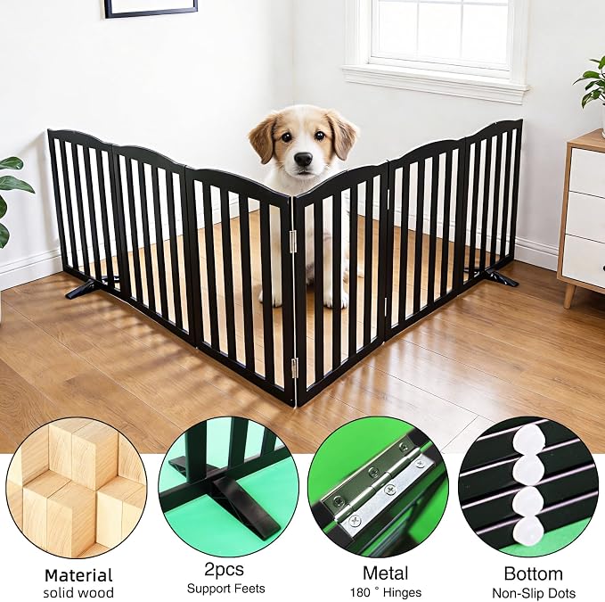 ZJSF Foldable Freestanding Indoor Dog Gate for House Wood White Long Pet Gates Dog Fence for Stairs Puppy Gates for Hallways, Puppy Gate,Support Feet Included, Black, 24 "Height-6 Panels