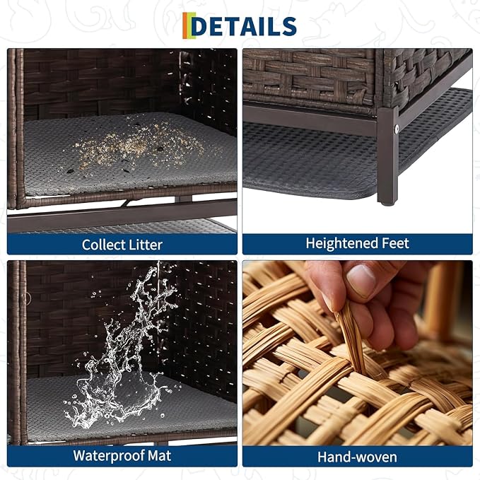 Cat Litter Box Enclosure Furniture, Handwoven Rattan Cat Houses, Hidden Cat Washroom Furniture with Door/Mat, Large Space Cat Houses with S-Shaped Hooks, Living Room, Bedroom, Brown