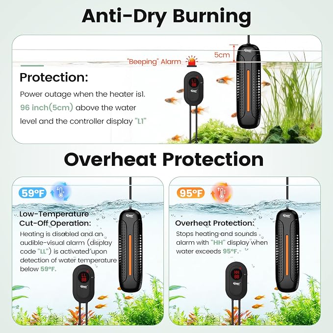 hygger 1000W Aquarium Heater with Controller, Submersible Fish Tank Heater Intelligent Leaving Water Automatica Stop Heating and Overheat Protection,105-238 Gal Turtle Heaters for Freshwater Saltwater