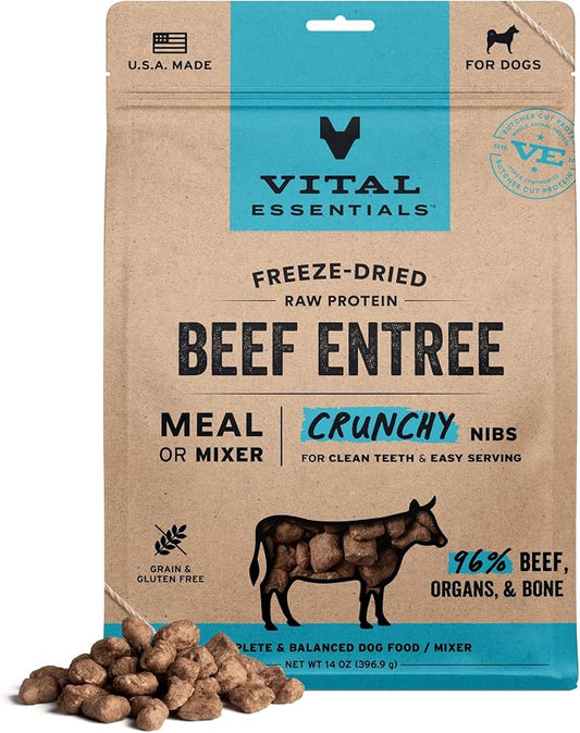 Vital Essentials Freeze Dried Dog Food, Raw Beef Crunchy Nibs | Complete Meal or Topper | 96% Beef, Organs & Bone | Limited Ingredient, High Protein, Grain Free Dry Dog Food | 14 oz Bag