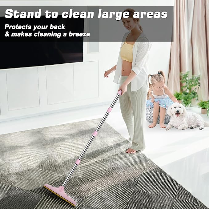 B-Land Carpet Rake for Pet Hair Removal, Reusable Pet Hair Remover with 60” Adjustable Long Handle, Carpet Scraper Dog Cat Hair Remover Tool for Rugs, Mats, Couch, Furniture Pink