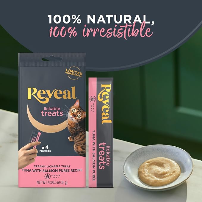 Reveal Tuna with Salmon Puree Lickable Cat Treats 40-Pack, Limited Ingredient, Grain Free, Protein Squeeze Up Cat Treats for Training or Food Topper (40 x 0.5 oz Pouches)