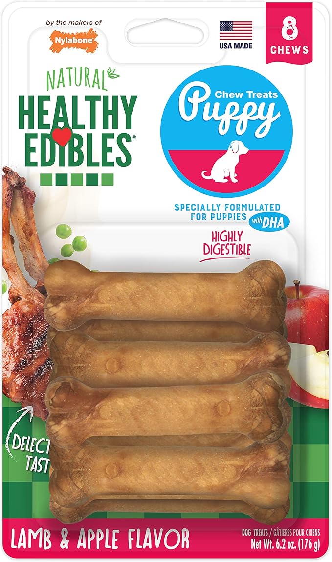 Nylabone Healthy Edibles Natural Puppy Chews Long Lasting Treats for Puppies, Lamb & Apple Flavor, X-Small/Petite (8 Count)