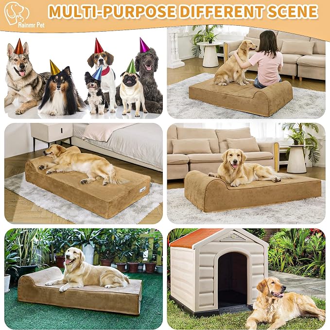 Rainmr Orthopedic Dog Beds for Large Dogs, 7" Memory Foam Dog Beds with Waterproof Liner, Durable Microsuede Cover, Removable and Washable, Nonskid Bottom, 60"x48"x7" XXL Khaki