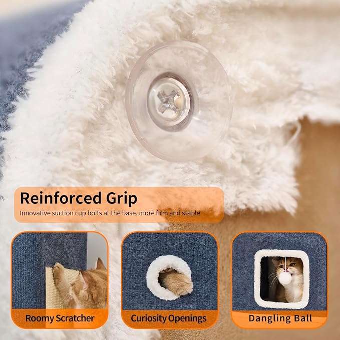 Cat House, Cat Beds for Indoor Cats, 2-Story Cat Condo Cube with Scratch Pad and Fluffy Ball Hanging, Multi-Level Cozy Hideout Center Ideal for Small/Medium Cats