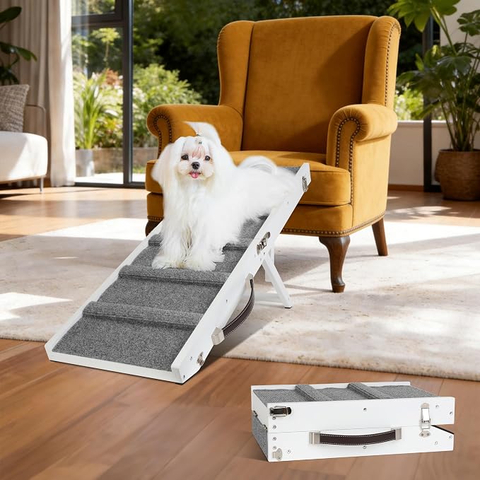 Dog Ramp Dog Stairs for Small Dogs Foldable Ramps with 4 Adjustable Heights from 7.48'' to 15.35" Wood Pet Stairs with Non Slip Carpet Portable Puppy Ramps for Couch, Sofa, Low Bed (White)