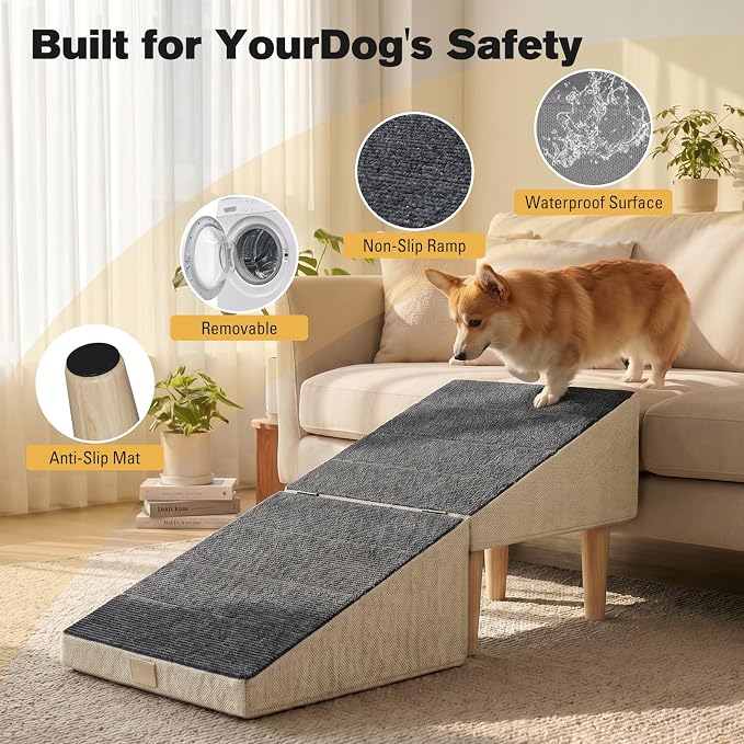 2-in-1 Folding Dog Ramp & Stairs for Small Dogs and Cats Split Ottoman for Couch/Bed, with Removable Washable Anti-Slip Mat & Cleaning Brush, Khaki