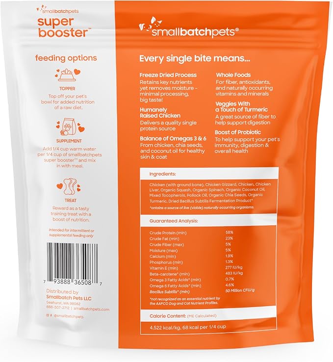 Smallbatch Freeze Dried Dog Treats, Superfood Food Topper Chicken Bites for Dogs & Cats, Probiotics, Organic Ingredients, High Protein, Grain Free Healthy Treat Food Topper, Made in the USA, 18 oz Bag
