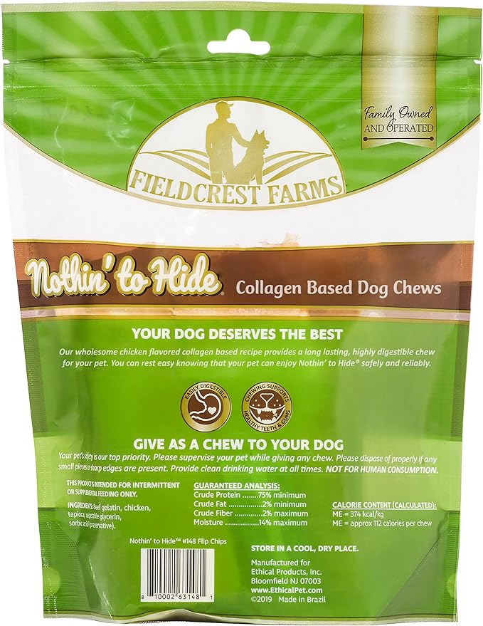 Fieldcrest Farms Nothin to Hide Flip Chips Dog Chews - Natural Rawhide Alternative Treats for Dogs, Collagen Based Snack for Moderate Chewers Up to 35lbs, Chicken Flavor