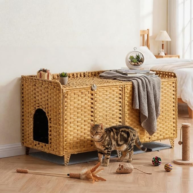 Cat Litter Box Enclosure Furniture, Handwoven Rattan Cat Houses, Hidden Cat Washroom Furniture with Door/Mat, Large Space Cat Houses with S-Shaped Hooks, Living Room, Bedroom, Natural
