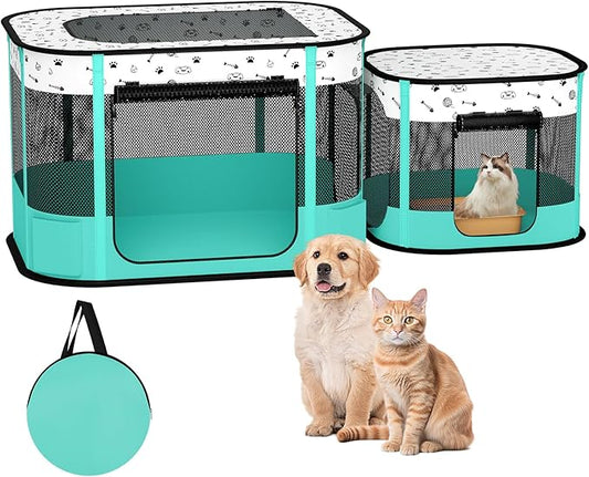Portable Cat Playpen, 8-Rod Reinforced Kitten Dog Playpens, Foldable Play Pen for Indoor Cats Enclosed Pet Puppy Doggy Outdoor, Collapsible Tent Kennel Cage House(32"x24"x22")