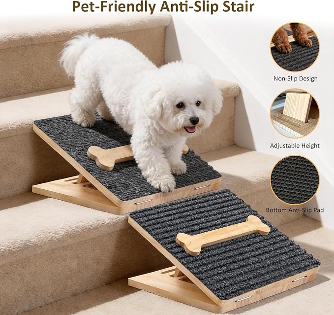Dog Ramp for Stairs 2 Pack – Foldable Anti-Slip Wooden Pet Steps for Small Dogs, Adjustable Low-Angle Wedge Stair Ramp for Senior, Short-Legged & Injured Pets