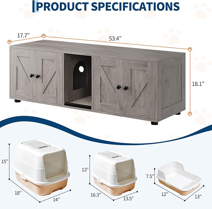 Gray Double Compartment Cat Litter Box Enclosure, Hidden Litter Box Furniture Cabinet for 2 Cats, Indoor Privacy Cat House, Stylish Pet Storage Cabinet