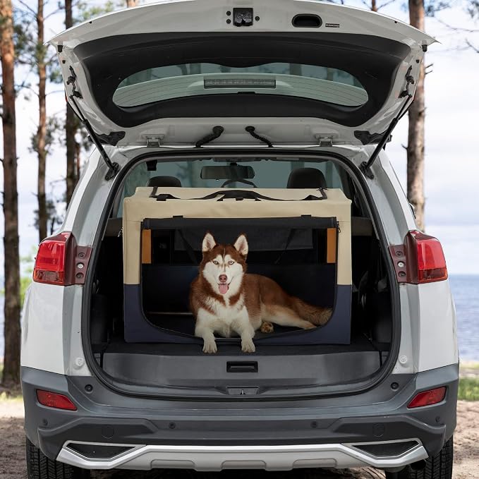 30" Collapsible Dog Crate for Medium Dogs - Portable Soft Travel Kennel with Lockable Zippers, Waterproof Base, Washable Cover, Patented Screw Frame for Adjustable Tension, Outdoor, Indoor, Car Use