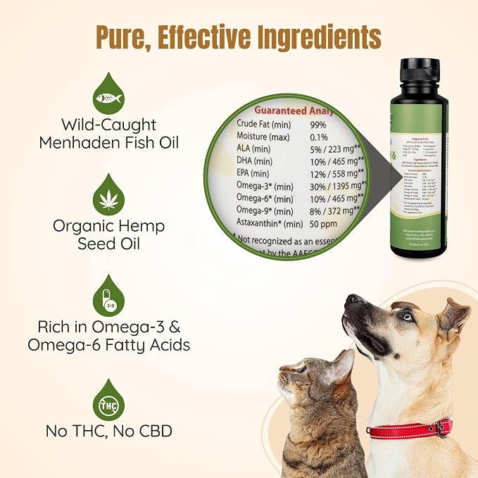 Lifeline Premium Pet Hemp Oil for Dogs & Cats – Omega 3 Supplement with Fish Oil & Astaxanthin for Joint Health, Itchy Skin & Anxiety – Dog Hemp Oil Supports Pain Relief – 26 oz