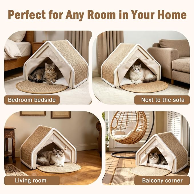 Cat Houses for Indoor Cats with Natural Sisal Scratcher Mat,Curtains,Bed and Floor Rug–Solid Wood Frame Cat Cave,Cat Scratch House