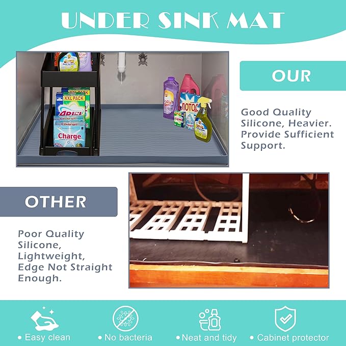 URMONA Waterproof Silicone Under Sink Mat 34'' x 22'' Shelf Liner for Kitchen and Bathroom, Cabinet and Counter Protector, Storage and Organizers, Litter Mat, Pet Cat Puppy Essentials(Beige)