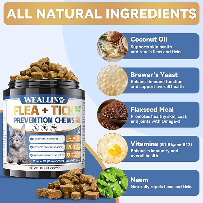 WEALLIN Flea and Tick Prevention Chews for Dog&Cats, Flea and Tick Prevention for Dogs, Flea and Tick Prevention for Cats, 200 Soft Chews, Chicken Flavor, Natural Flea and Tick Treatment