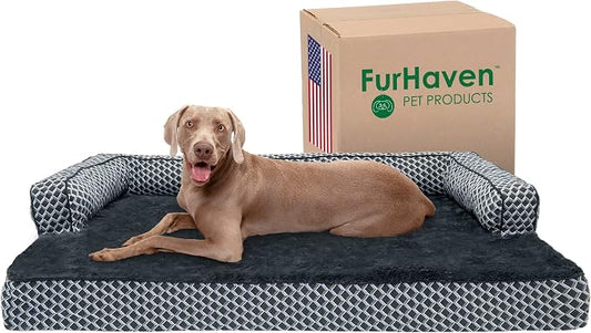 Furhaven Memory Foam Dog Bed for Large Dogs w/ Removable Bolsters & Washable Cover, For Dogs Up to 125 lbs - Plush & Woven Decor Comfy Couch Sofa - Diamond Gray, Jumbo Plus/XXL