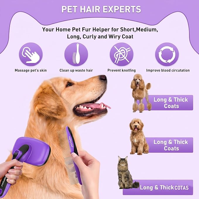 Self Cleaning Slicker Brush for Dog - 5 PCS Dog Brush Grooming Kit,Undercoat Rake Brush Comb for Small Large Dogs Cats, Dog Hair Brush Set, Grooming Deshedding at Home or Travel, Purple