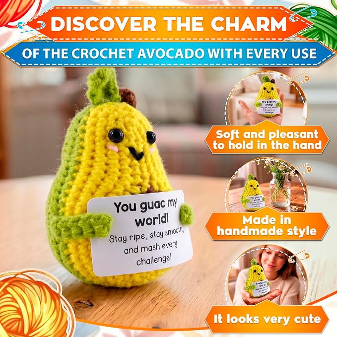 Reluen Crochet Avocado, Stay Ripe Stay Smooth Handmade Mini Avocado Stuffed Figure with Affirmation Message Card, Cute Friend Gifts Desk Decor for Women Men Mom Daughter Sister Coworker Birthday