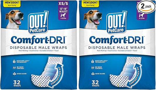 Out! PetCare Disposable Dog Diapers Male,Puppy Belly Band,Potty Training,Doggie Diapers,Belly Bands for Male Dogs,Puppy Training,Incontinence,(XS/S,32ct),(Pack of 2)