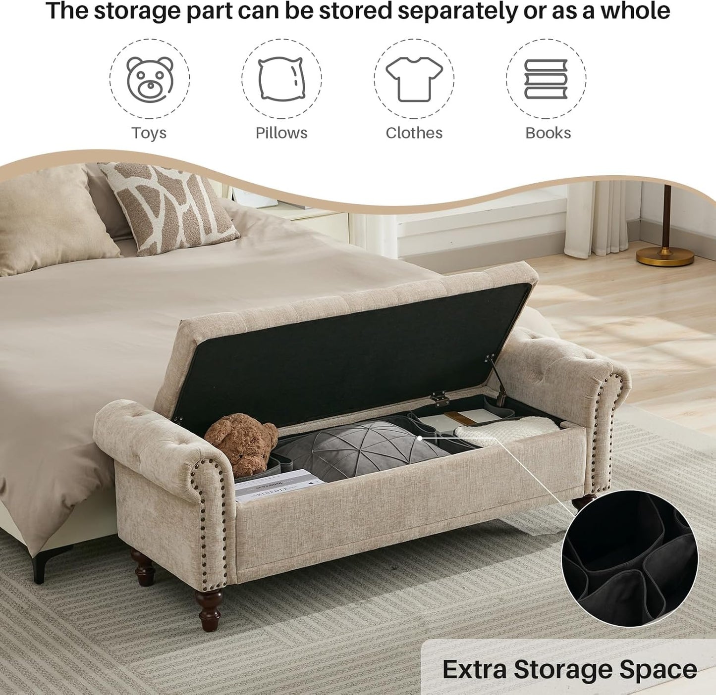 58.1'' Storage Bench Upholstered Chenille End of Bedroom Bed Bench Ottoman with Tufted Cushioned Rolled Arm Large Storage Space for Reading Living Room Entryway, Light Brown