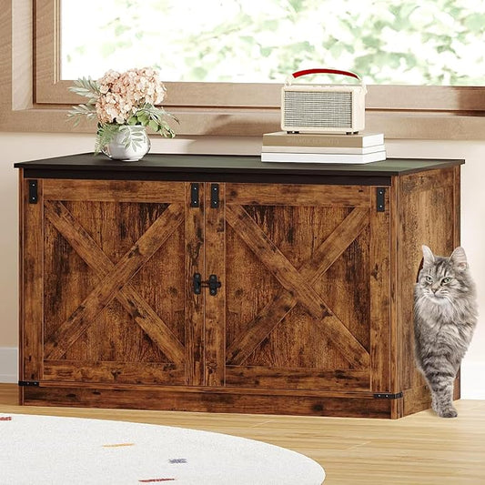 Hzuaneri Cat Litter Box Enclosure with Cushion, Hidden Litter Box Furniture with Removable Dividers, Reversible Entrance Left or Right Side, Cat House, Rustic Brown and Black CB84701X