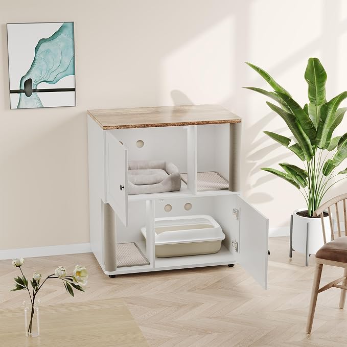 Cat Litter Box Enclosure, Two-Story Wooden Hidden Litter Box Furniture with Scratching Post, Multi-Level Cat Washroom Cabinet for 2 Cats, Reinforced Wood Frame & Ventilated Design for Small Apartment