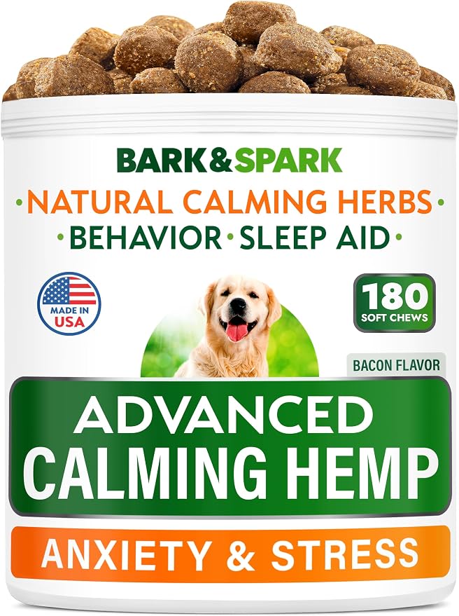 BARK&SPARK Advanced Calming Hemp Treats for Dogs - Hemp Oil + Melatonin - Anxiety Relief - Separation Aid - Stress Relief During Fireworks, Storms, Thunder - Aggressive Behavior, Barking - 180 Chews
