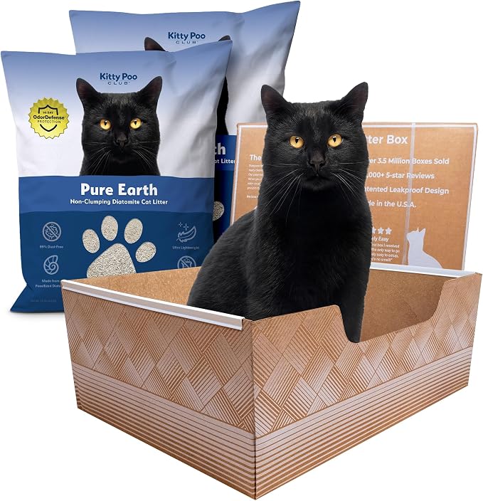 Kitty Poo Club Disposable Cat Litter Box 2-Pack with 2 Bags Natural Diatomite Litter, Patented Leak-Proof Design, Fast-Absorbing, Low Dust, Perfect for Travel and Multi-Cat Homes