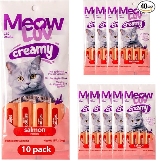 Ultra Chewy Meow Luv Lickable Cat Treats - Salmon Flavor Squeeze Tubes - Carrageenan Free, No Artificial Preservatives -Prebiotic Fiber, L-Taurine & Milk Thistle - 0.5 oz Tubes, Pack of 10