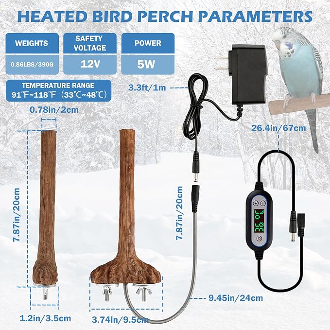Heated Bird Perch Birdcage Heater Birds Warmer for Cage Adjustable Temperature Winter Birds Heater for Parrots Conure Cockatiels Parakeets Small Bird